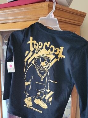 Kids Black Long-Sleeve Tee with Gold Bear Graphic